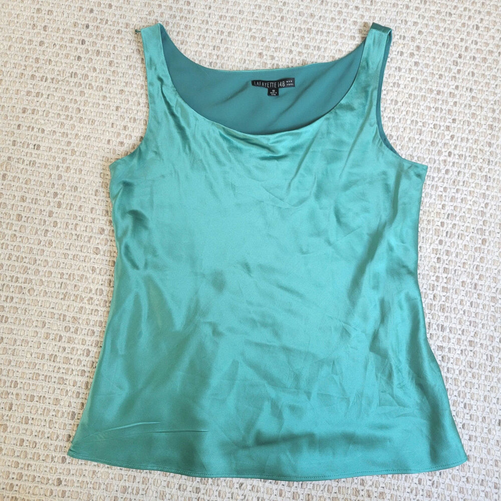 Lafayette 148 Womens 10 100% Silk Tank Top Teal Blue Satin Lined Luxury Blouse